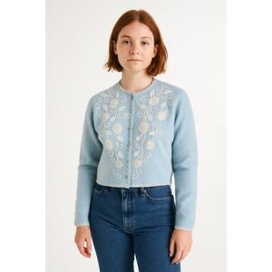 Vintage 50s Harilela Angora Beaded Cardigan Blue Hong Kong Coquette M